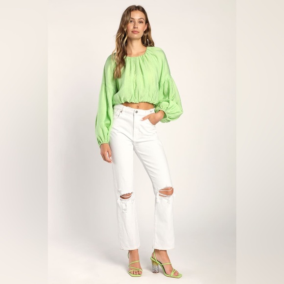 NWOT💚 Lulu's Total Bliss Lime Green Balloon Sleeve Crop Top Size XS - Picture 2 of 16